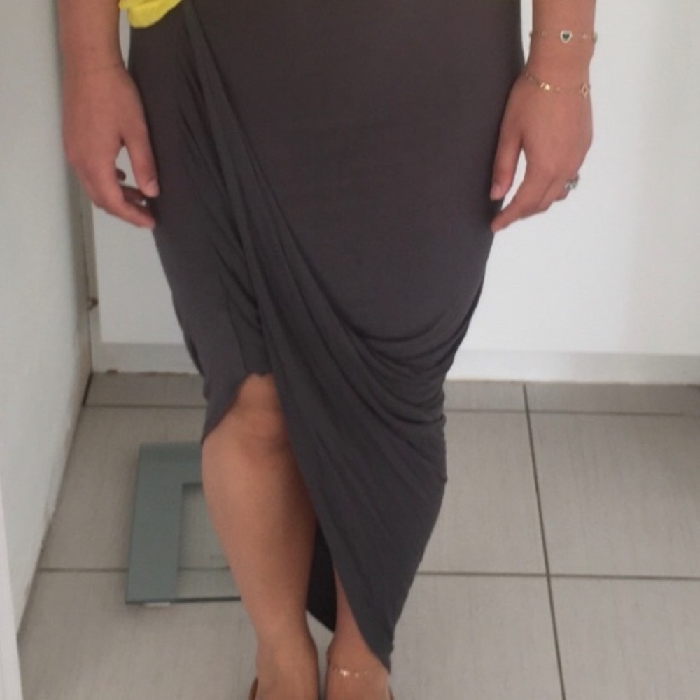 Vijo Couture Asymmetrical High Low Gray Midi skirt Draped Wrap Style Front M